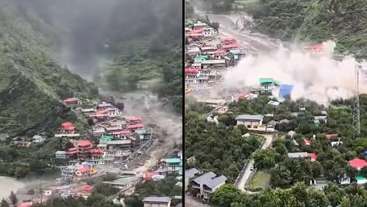 שיטפון שסחף בתים בכפר דהראלי ב הימלאיה ב הודו במדינת המחוז אוטראקהאנד