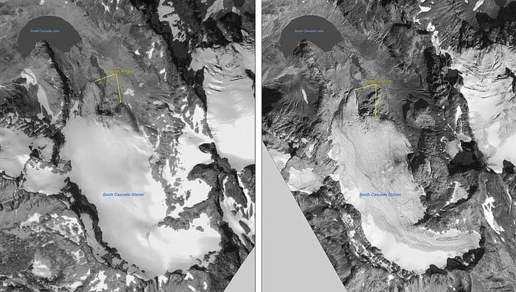 קרחון הקסקייד הדרומי באוגוסט 2000 (משמאל) בהשוואה לספטמבר 2006 (מימין)