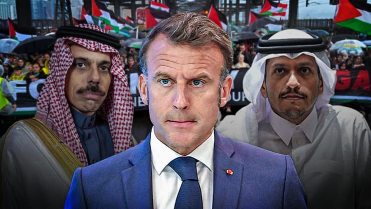מימין לשמאל: רה"מ הקטארי, מקרון ושר החוץ הסעודי (צילום: Khaled DESOUKI/AFP, Sven Hopee/AP, Dean Lewins/REUTERS, Christophe PETIT TESSON/AFP) מימין לשמאל: רה"מ הקטארי, מקרון ושר החוץ הסעודי