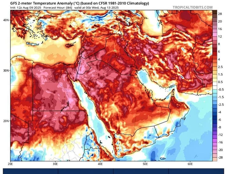 מפת גל החום בשלישי וברביעי