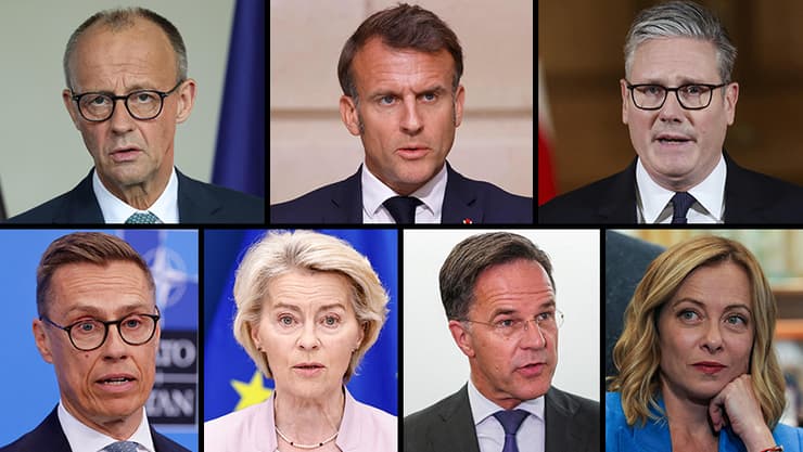    ראש ממשלת בריטניה קיר סטרמר, נשיא צרפת עמנואל מקרון, קנצלר גרמניה פרידריך מרץ, ראש ממשלת איטליה ג'ורג'ה מלוני, נשיא פינלנד אלכסנדר סטוב, נשיאת הנציבות האירופית אורסולה פון דר ליין ומזכ"ל נאט"ו מרק רוטה