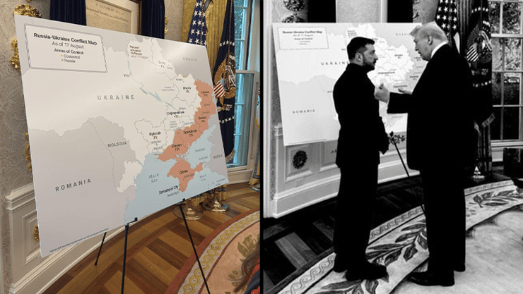 מפת אוקראינה שטחים כבושים על ידי רוסיה ש הבית הלבן הציב בחדר הסגלגל במהלך מפגש בין נשיא ארה"ב טראמפ לנשיא זלנסקי