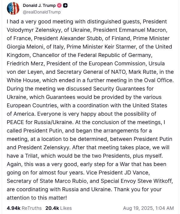 פוסט של הנשיא טראמפ אחרי הפסגה עם זלנסקי ומנהיגי אירופה בבית הלבן