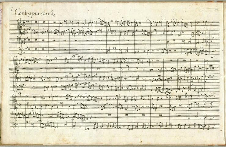    "קונטרפונקטוס מס' 1" מתוך המהדורה הראשונה של "אומנות הפוגה" של יוהאן סבסטיאן באך. כפי שמרמז שם היצירה, זהו החיבור שבו עוסק באך בשילובים הבו-זמניים המתוחכמים ביותר של מנגינות.