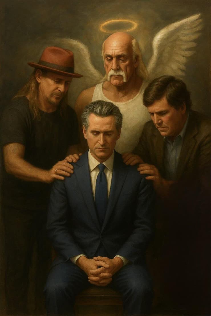 תמונת AI שצייץ מושל קליפורניה גווין ניוסם כחלק מניסיון להטריל את נשיא ארה"ב ותומכיו