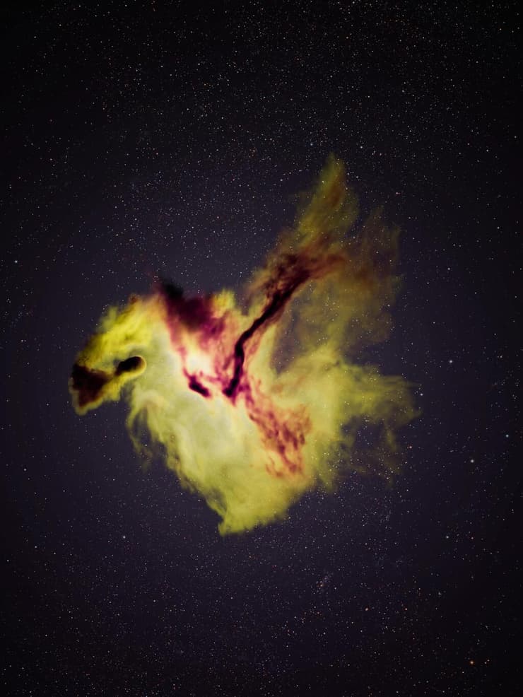 לאחר הפיצוץ הגדול, נותר ענן בין-כוכבי של גז ואבק המורכב מהיסודות סיליקון (אפור), גופרית (צהוב) וארגון (סגול)