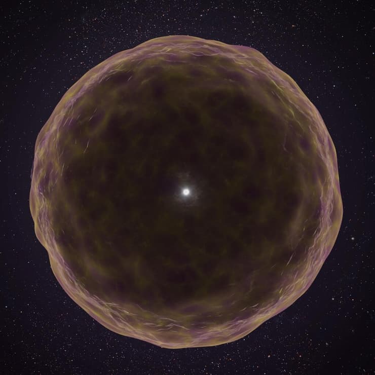 סופרנובה חשופה במיוחד: לאחר שאיבד את שכבותיו החיצוניות, נותר הכוכב עם ליבה של חמצן, גופרית וסיליקון (הנקודה הזוהרת במרכז) והמשיך לפלוט חומר עשיר בסיליקון (אפור), גופרית (צהוב) וארגון (סגול)