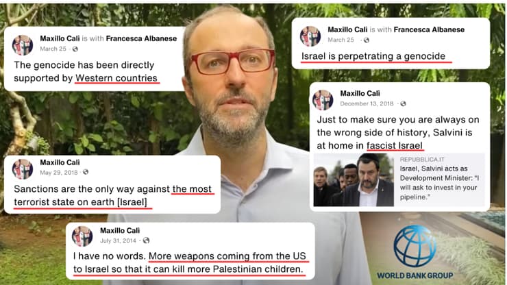 מסימיליאנו קאלי וכמה מהפוסטים שלו (צילום מסך מתוך אתר https://unwatch.org) מסימיליאנו קאלי וכמה מהפוסטים שלו