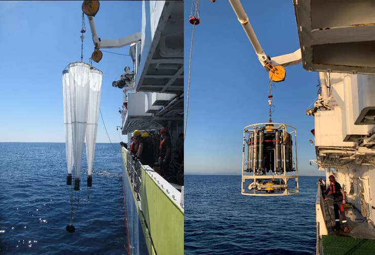 דיגום אוקיינוגרפי על סיפון ספינת המחקר L’Atalante. מימין: בקבוקי ניסקין מורכבים על רוזטה לאיסוף מי ים מעומקים שונים, משמאל: רשתות פלנקטון