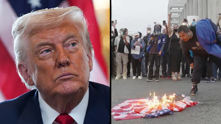 הצתה של דגל ארה"ב בהפגנה נגד גירוש מהגרים ב לוס אנג'לס ארה"ב ביוני