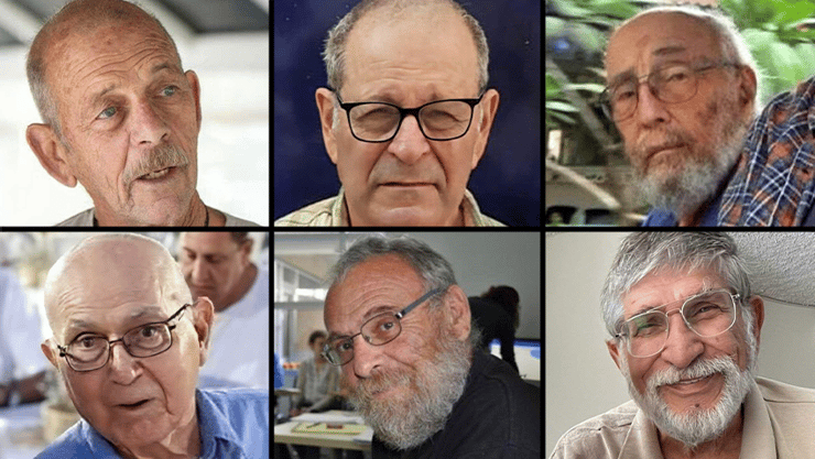 ״היינו אחראים על החיים שלהם, והם איבדו אותם בשבי״ (צילום: מטה משפחות החטופים) עמירם קופר, יורם מצגר, אלכס דנציג, אברהם מונדר, חיים פרי, אריה זלמנוביץ, עמירם קופר