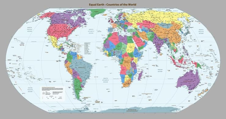 מפה מפת העולם עולם בגרסת Equal Eearth כדור הארץ השוויוני