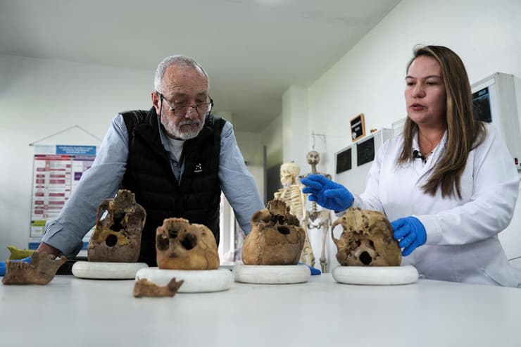 ד"ר אנדראה קאסאס (מימין) וד"ר חוסה ויסנטה רודריגז קואנקה, בוחנים את הגולגולות שניתוחן חשף שושלת אנושית חדשה