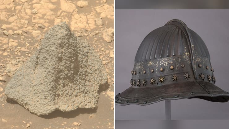 מימין קסדה מימי הביניים, משמאל הצילום ממאדים