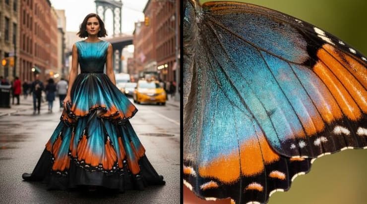 ימין: תקריב של כנף של פרפר שמאל: תמונה שג'מיני יצר עם הטקסטורה של הפרפר (גוגל) ימין: תקריב של כנף של פרפר שמאל: תמונה שג'מיני יצר עם הטקסטורה של הפרפר