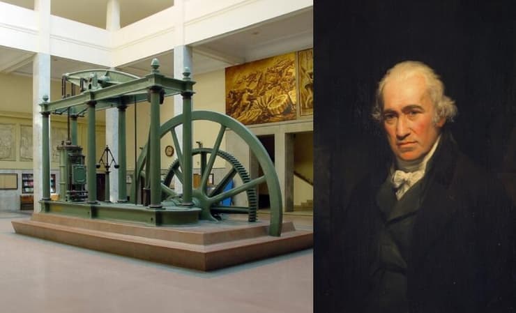 הכניס את השיפורים שהפכו את מנוע הקיטור למכונה יעילה. ג'יימס ואט בציור של האמן ג'ון פרטרידג', ודגם של מנוע קיטור שלו המוצג במכללה להנדסה במדריד 