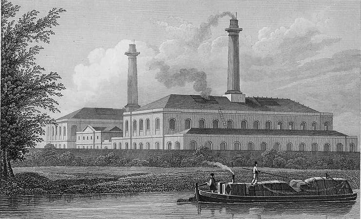 החיים השתנו תוך זמן קצר עם פיתוח טכנולוגיות חדשות והקמת מפעלי תעשייה רבים. מפעל של חברת הגז האימפריאלית ליד תעלת ריג'נט בלונדון, 1828 