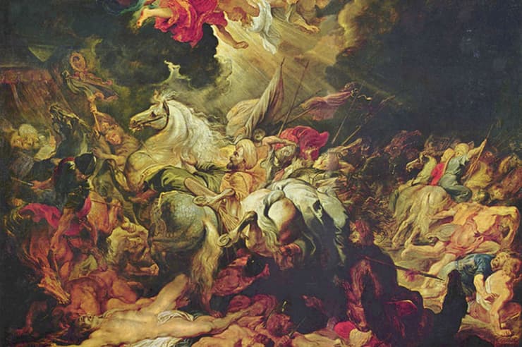 "וַיְהִי בַּלַּיְלָה הַהוּא וַיֵּצֵא מַלְאַךְ ה' וַיַּךְ בְּמַחֲנֵה אַשּׁוּר מֵאָה שְׁמוֹנִים וַחֲמִשָּׁה אָלֶף וַיַּשְׁכִּימוּ בַבֹּקֶר וְהִנֵּה כֻלָּם פְּגָרִים מֵתִים" (מלכים ב', י"ט, ל"ה). ציור של תבוסת סנחריב, מאת פטר פאול רובנס