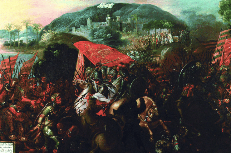 תוך שנים ספורות הביס קורטס את האימפריה האצטקית, גם בזכות המגפות שהתפשטו בעקבות הגעת הספרדים למפרץ מקסיקו. ציור מהמאה ה-17 של קורטס וצבאו נכנסים לעיר טבסקו במקסיקו