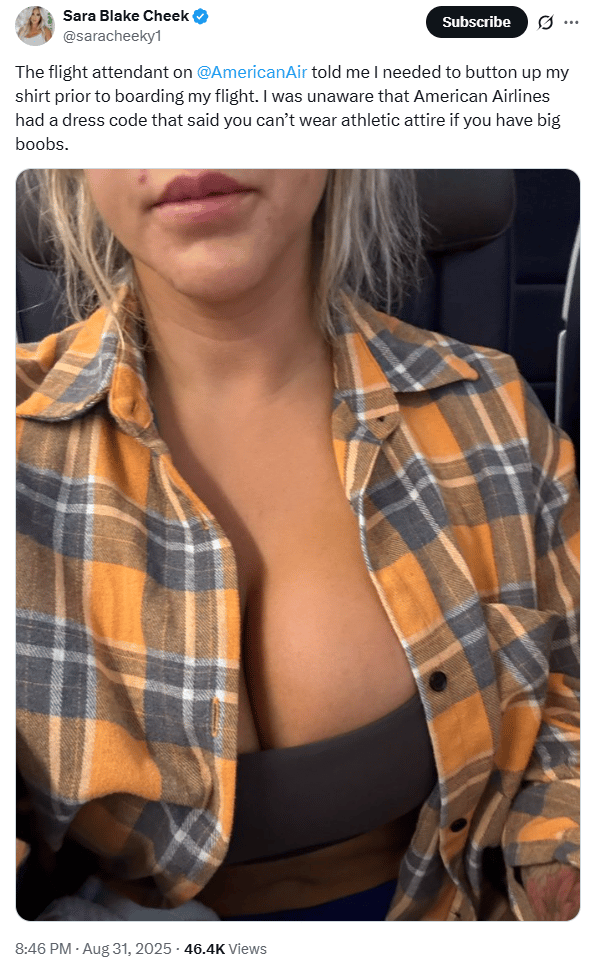 הציוץ של שרה בלייק צ'יק עם צילום שבו נראים הבגדים שלבשה (saracheeky1 / X@) הציוץ של שרה בלייק צ'יק עם צילום שבו נראים הבגדים שלבשה