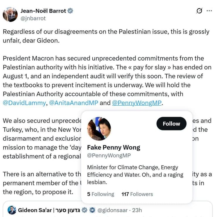  שר החוץ הצרפתי ניסה לכלול את שרת החוץ האוסטרלית אבל תייג חשבון מזויף במקום