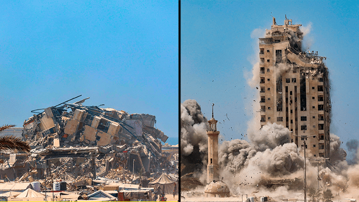 הבניין ברגעי התקיפה, ואחרי (צילום: Omar AL-QATTAA / AFP) מגדל משתהא