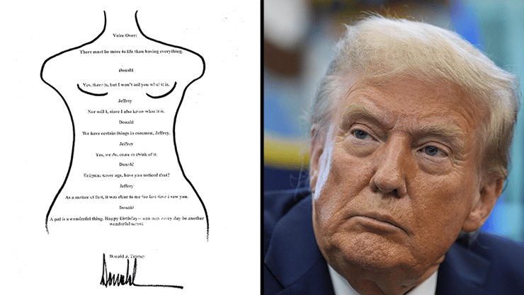 נשיא ארה"ב טראמפ, ברכה ליום הולדת ב ציור של אישה עירומה ש נשיא ארה"ב טראמפ שלח לכאורה ל ג'פרי אפשטיין ב-2003