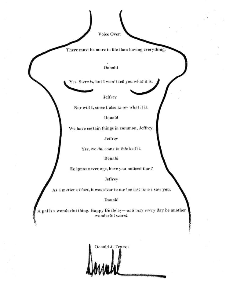 ברכה ליום הולדת ב ציור של אישה עירומה ש נשיא ארה"ב טראמפ שלח לכאורה ל ג'פרי אפשטיין ב-2003