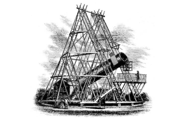 יצירתו המפורסמת ביותר של ויליאם הרשל הייתה טלסקופ באורך 12 מטרים, שהיה הגדול ביותר בתקופתו והחזיק בתואר הזה במשך 50 שנה. ציור של הטלסקופ