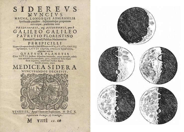 התגלית המשמעותית הראשונה שגלילאו גליליי הגיע אליה הודות לשימוש בטלסקופ הייתה תיאור פני השטח של הירח. עמוד השער של חיבורו האסטרונומי הראשון של גליליאו גליליי, ולצידו השרטוטים של פני הירח