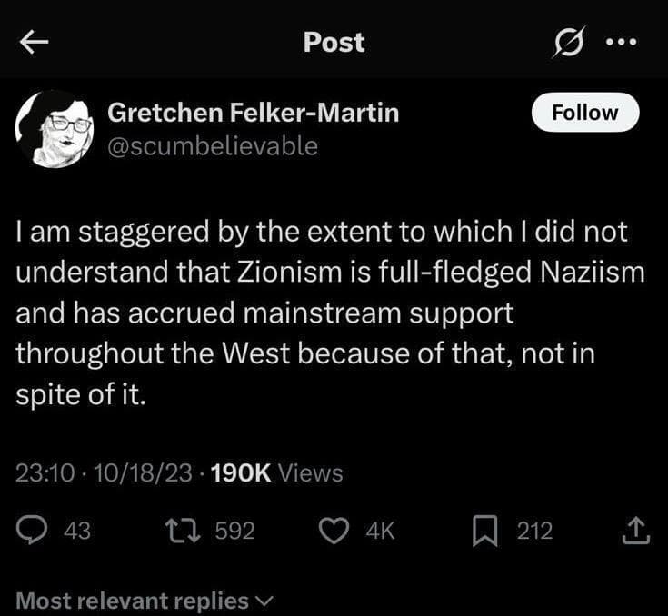 ציוץ של גרטשן פלקר-מרטין שבו השוותה ציונים לנאצים (צילום: מתוך עמוד ה-X שלה) ציוץ של גרטשן פלקר-מרטין