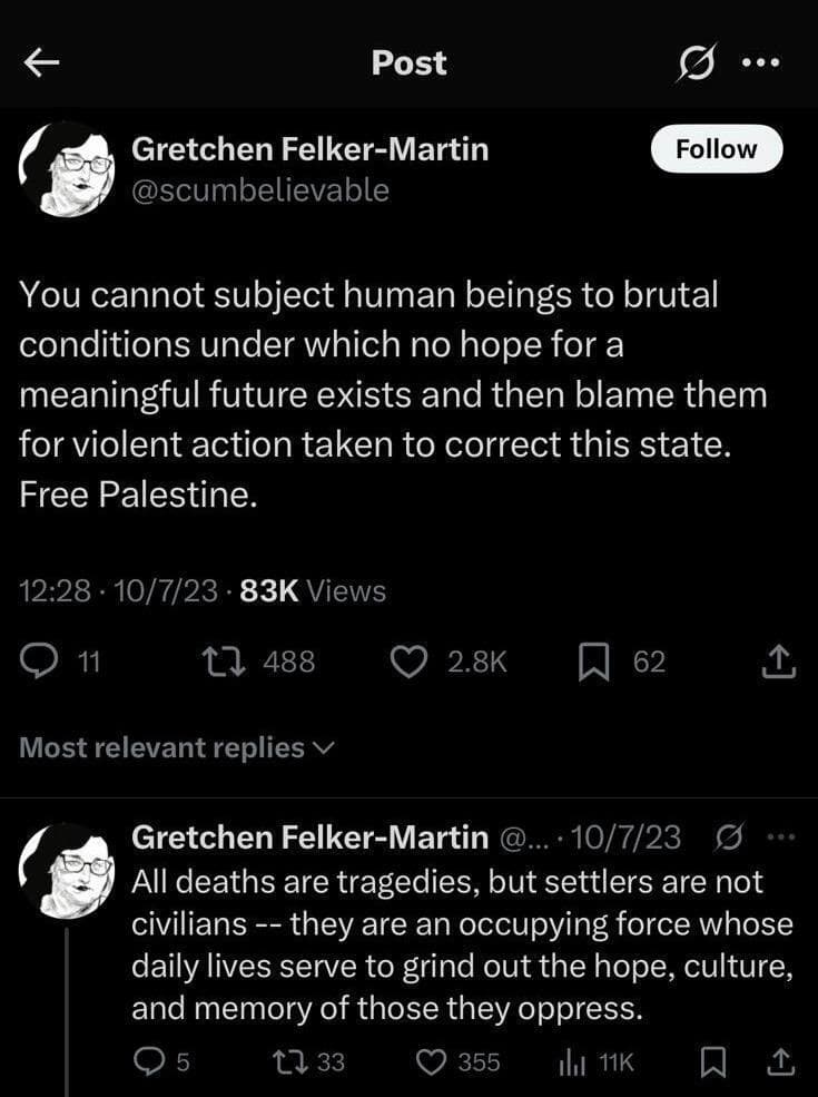 ציוץ של גרטשן פלקר-מרטין מ-7 באוקטובר 2023, שבו הצדיקה את טבח חמאס בעוטף עזה (צילום: מתוך עמוד ה-X שלה) ציוץ של גרטשן פלקר-מרטין