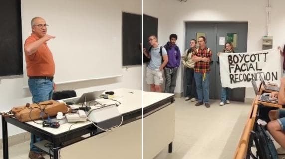 הפגנת פרו-פלסטינים בשיעורו של  הפרופסור הישראלי פיני זורע באוניברסיטה בטורינו 