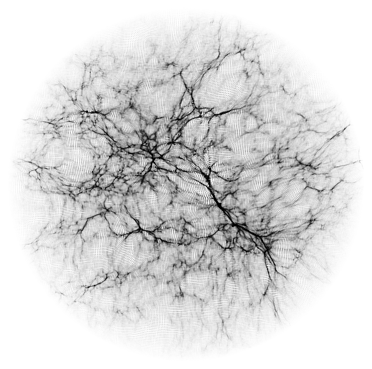 התפלגות החומר האפל, אשר מרוכז בגושים צפופים באזורים היותר שחורים