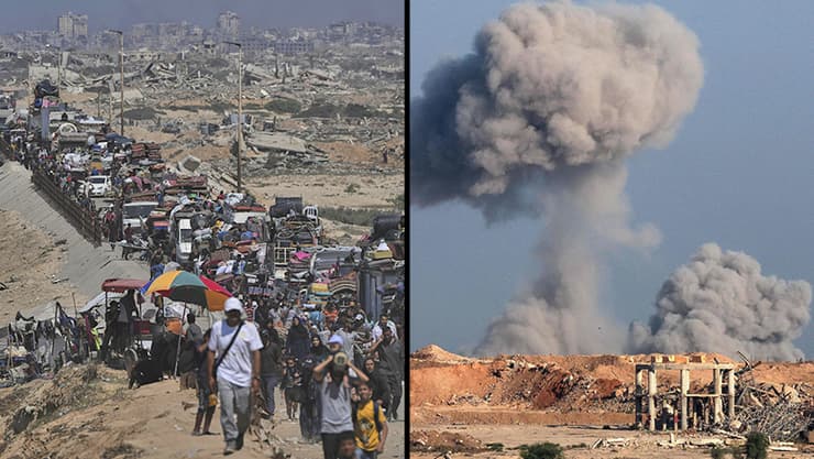  מימין: תקיפות צה"ל, משמאל: העקירה ההמונית מעזה