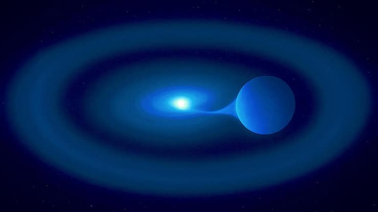 זה ייגמר בבום. איור של הננס הלבן, במרכז, סופח חומר מהכוכב שחג סביבו. סביב המערכת כולה נראית טבעת חומר שפולטת קרינת רנטגן (הדמיה: אוניברסיטת סאות'המפטון) זה ייגמר בבום. איור של הננס הלבן, במרכז, סופח חומר מהכוכב שחג סביבו. סביב המערכת כולה נראית טבעת חומר שפולטת קרינת רנטגן