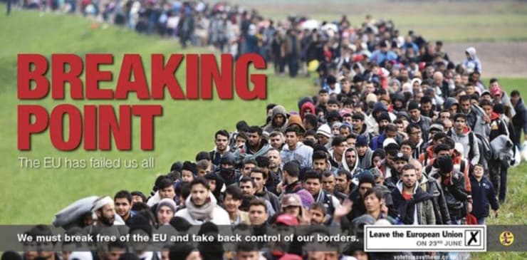 כרזת "נקודת השבר" של מפלגת UKIP שבראשה עמד בעבר נייג'ל פראג' ואשר פורסמה ב-2016 לפני משאל העם על ברקזיט פרישת בריטניה מהאיחוד האירופי נגד מהגרים
