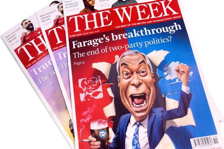 שער מגזין  The Week ב בריטניה במאי 2025 בעקבות הסקרים לטובתו של נייג'ל פראג' ומפלגת הימין העמוק שלו Reform UK