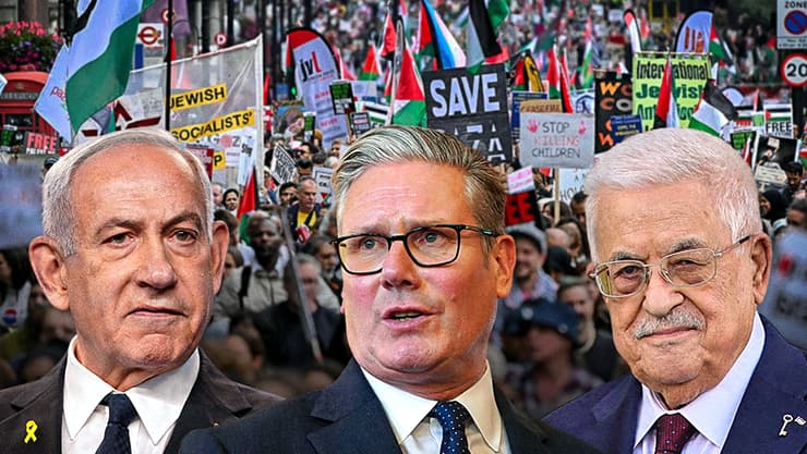 סטרמר, נתניהו ואבו מאזן, על רקע הפגנה פרו-פלסטינית בלונדון. לחץ פנימי כבד על רה"מ הבריטי 