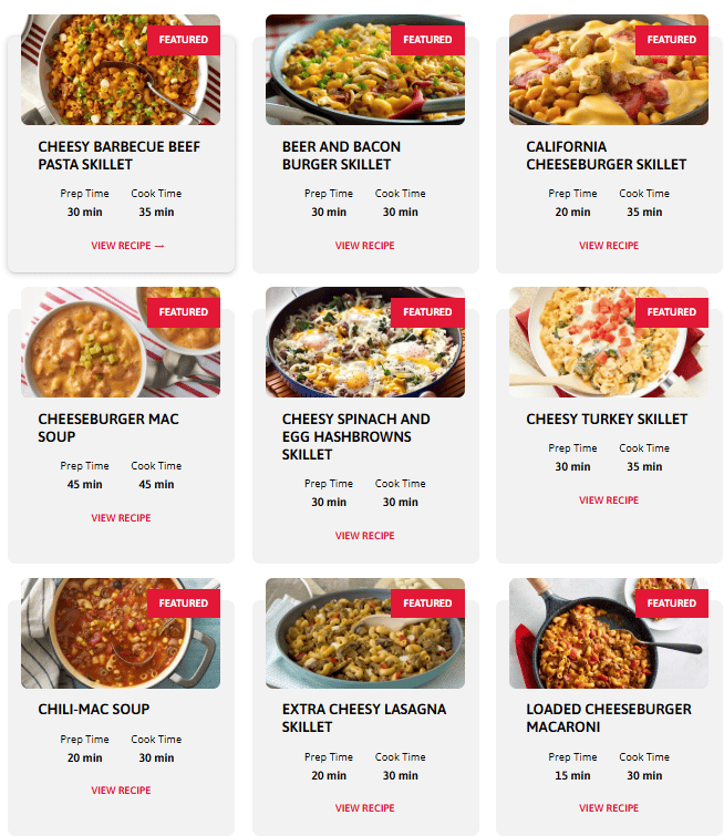 חלק ממבחר המנות ש-Hamburger Helper מציעה (צילום מסך מתוך האתר של Hamburger Helper) חלק ממבחר המנות ש-Hamburger Helper מציעה