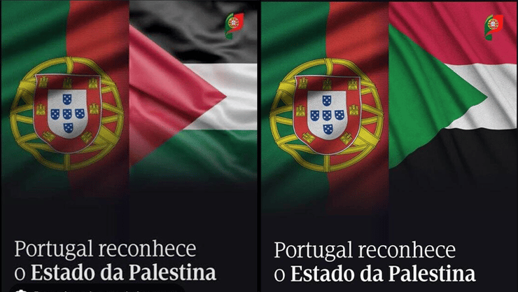 הטעות מימין, והתיקון משמאל (צילום: מתוך אינסטגרם ) ממשלת פורטוגל משנה את הפרסום לדגל פלסטין, לאחר שפרסמה במקום את דגל סודן