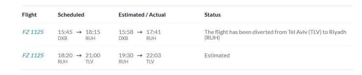 רישום טיסה מאתר חברת "פליי דובאי", אחרי נחיתת החירום של מטוס שהיה בדרכו לנתב"ג