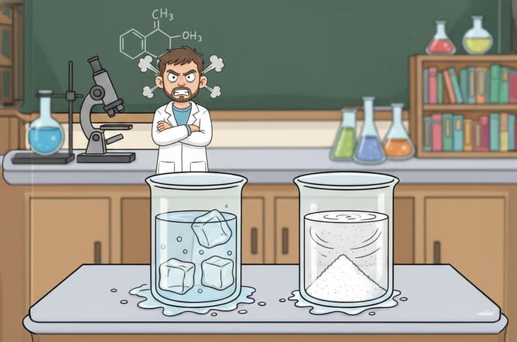 בשני המקרים היה לנו מוצק ונותרנו עם נוזל – אך מבחינה כימית ופיזיקלית מדובר בשני דברים שונים. מדען מסתכל על סוכר נמס וקרח מותך