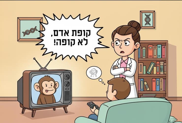 קוף או קוף אדם? למה לא שניהם? אדם צופה בשימפנזה בטלוויזיה וביולוגית נוזפת בו 