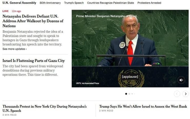 נאום נתניהו, ב"ניו יורק טיימס" הכותרות בעולם