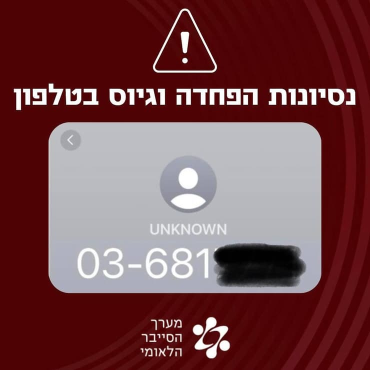 הודעת מערך הסייבר הלאומי (צילום: מערך הסייבר הלאומי) שיחות טלפון עם מסרים מאיימים וניסיונות לגייס סוכנים ישראלים למודיעין האריאני