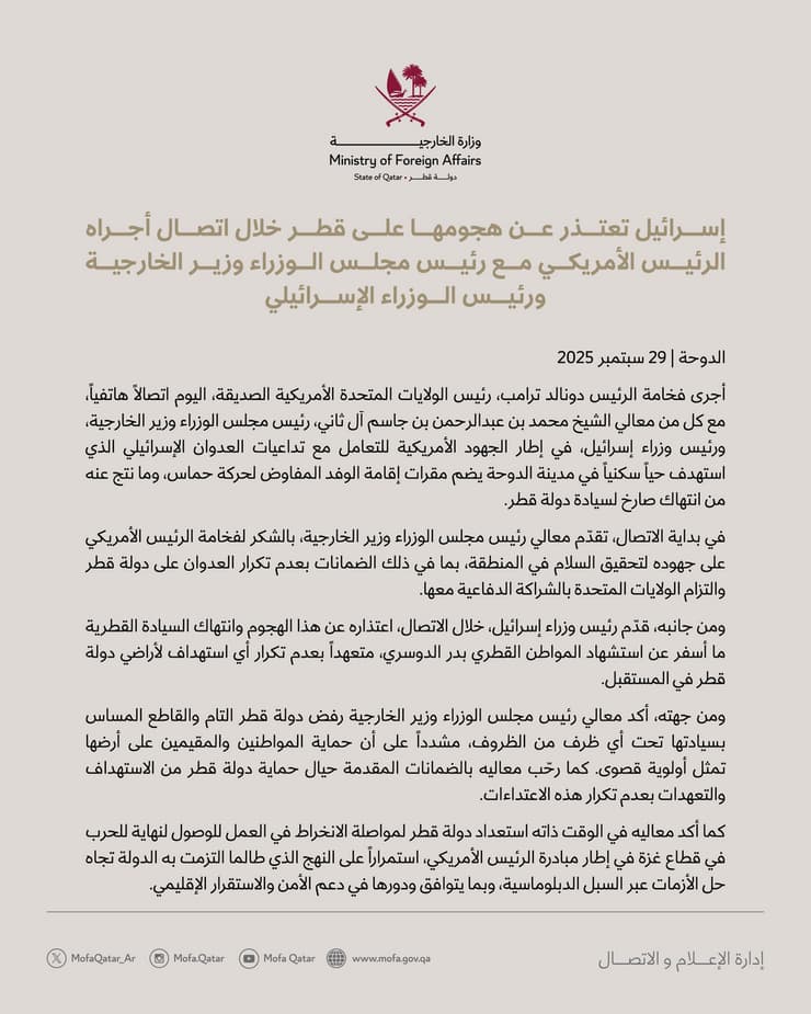 ההודעה הרשמית של קטאר על החזרה לתיווך קטאר חוזרת לתווך בין ישראל לחמאס