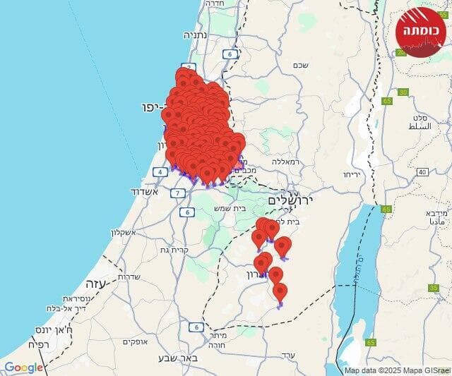 מפת האזעקות בעקבות הירי מתימן (צילום: כומתה) מפת האזעקות בעקבות הירי מתימן