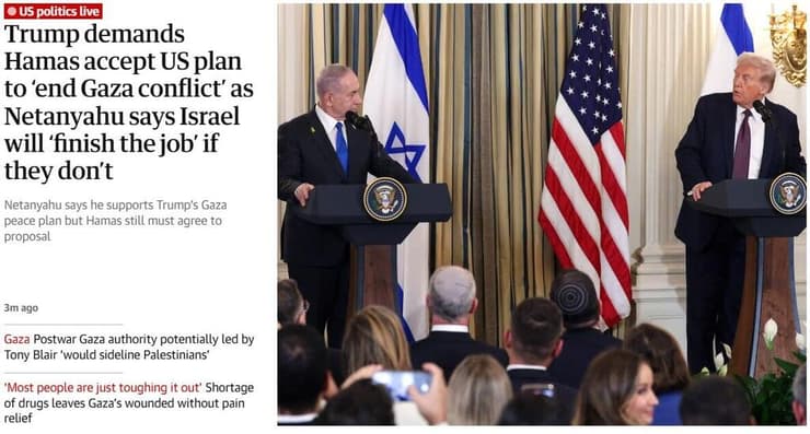 סיקור בעולם מסיבת עיתונאים טראמפ נתניהו על הסכם לסיום המלחמה גרדיאן