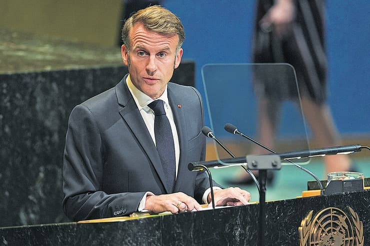 עמנואל מקרון במהלך נאומו באו"ם, שבו הצהיר על הכרה במדינה פלסטינית